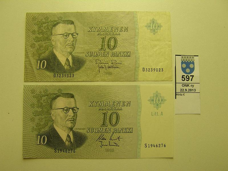 k-0597-a.jpg - Kohde 597, lhthinta: 25 € / myyntihinta: 34 € 10 mk 1963 ilman Litt, LA SNY 146.1;146.5, O3239823 RO I-Vou, S1946276 KO II-Ara, vl I, kunto: 4,9