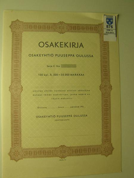 k-0876-a.jpg - Kohde 876, lhthinta: 5 € / myyntihinta: 5 € Osake 195. Osakeyht Puusepp Oulussa, sarja C 195. Kyttmtn, kunto: 9