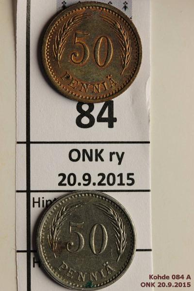 k-0084-a.jpg - Kohde 84 (kuva 1/2), lhthinta: 10 € / myyntihinta: 10 € 50 p 1940, 48 1940 Cu leimakiiltoa, likaa, hp, vaikea vuosi; 1948 Fe arvop. ruostetta, vaikein vuosi, kunto: 6/7, 6