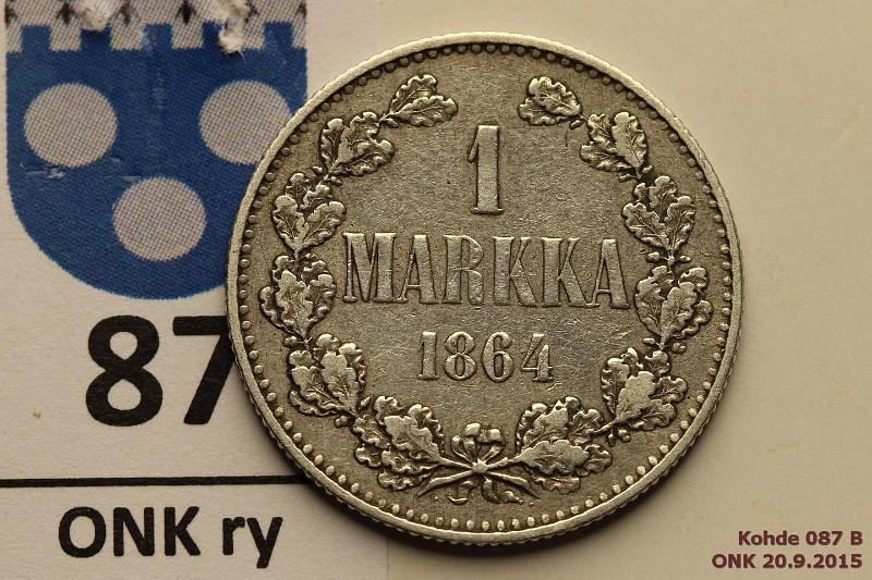 k-0087-b.jpg - Kohde 87 (kuva 2/2), lhthinta: 105 € / myyntihinta: 135 € 1 mk 1864 Ag, SNY 397.1, vanha rihlaus, eprv, kunto: 4