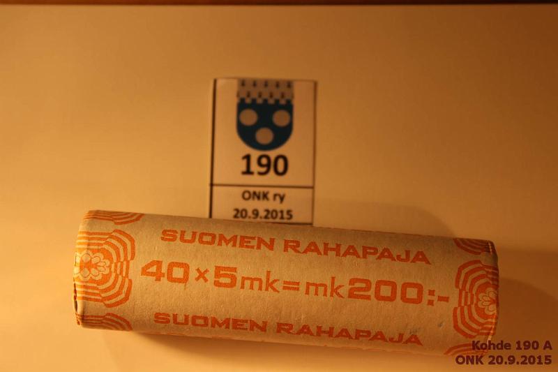 k-0190-a.jpg - Kohde 190, lhthinta: 170 € 5 mk 1992 SRP-rulla, klaava-klaava, km, vaikea vuosi rullana, kunto: 9