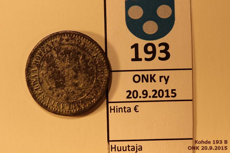 k-0193-b.jpg - Kohde 193 (kuva 2/2), lhthinta: 5 € / myyntihinta: 10 € Suomi 1 mk 1865 Tinavrenns (rtgf: Sn 97.7%, Cu 2% ja Pb 0.3%), kunto: 2