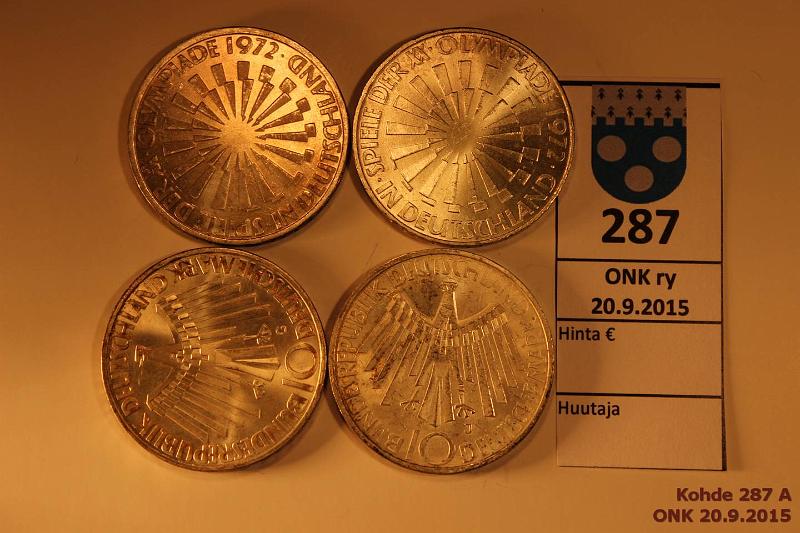 k-0287-a.jpg - Kohde 287, lhthinta: 14 € / myyntihinta: 21 € Saksa 10 DM (4) Mnchen 1972 KM#130 Ag, 4 x 15,5g/625 (=38,75g hopeaa). Kaikki rp:t: D, , , . Osassa hpja, hnja, kunto: 7-8