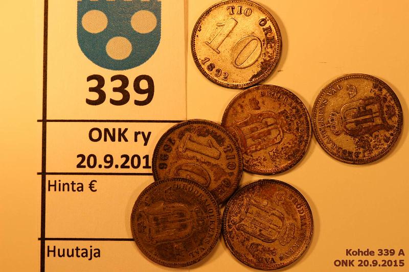 k-0339-a.jpg - Kohde 339, lhthinta: 30 € / myyntihinta: 30 € Ruotsi 10  (6) 1891-98 KM#755 Ag, 6 x 1,45g/400. 1891, 92(kl7), 94, 96, 97, 98(kl7), patinaa, kunto: 4-6