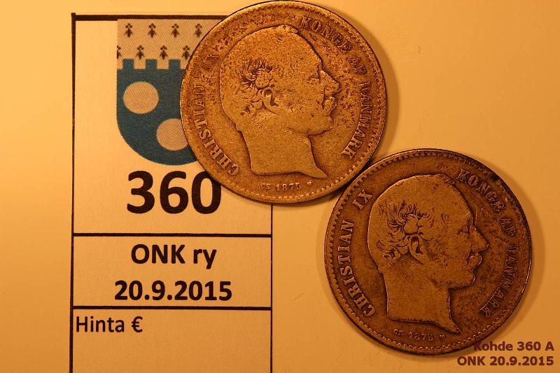 k-0360-a.jpg - Kohde 360, lhthinta: 15 € Tanska 1 kr (2) 1875 KM#797.1 Ag, 2 x 7,5g/800, HC, CS. Christian IX, kunto: 3, 5