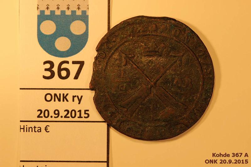 k-0367-a.jpg - Kohde 367, lhthinta: 20 € Ruotsi   1630 KM#122 Cu, Gustav II Adolf, MDCXXX, Ster, reunapuutos, sypymi, kunto: 3