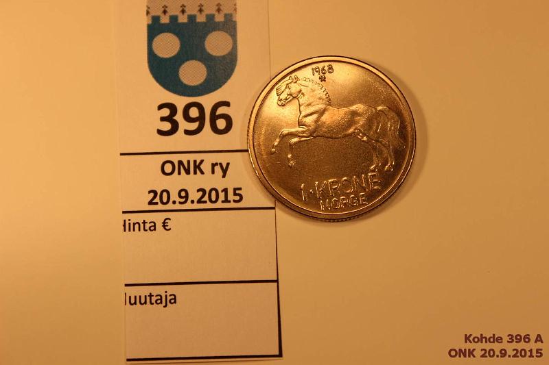 k-0396-a.jpg - Kohde 396, lhthinta: 25 € Norja 1 kr 1968 KM#409 CuNi, loistelias, harv. vuosi, kunto: 9