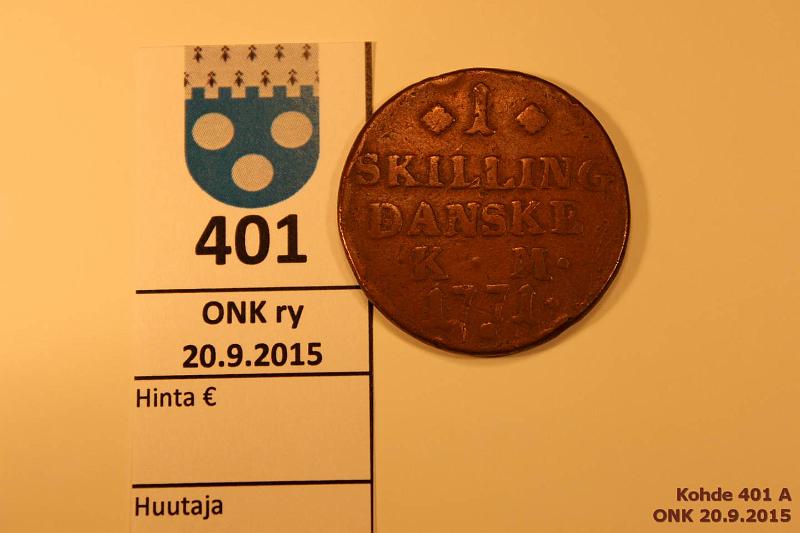 k-0401-a.jpg - Kohde 401, lhthinta: 5 € / myyntihinta: 5 € Tanska 1 sk 1771 KM#616.1 Cu, K.M, rvja. Christian VII, kunto: 3