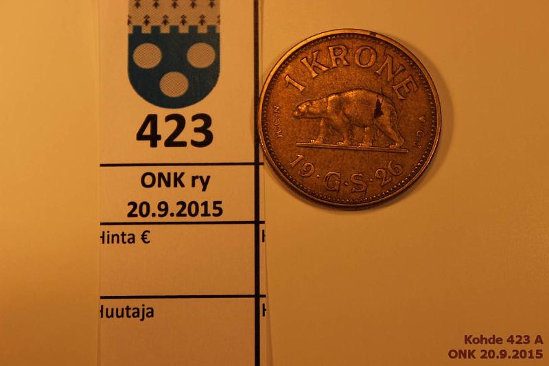 k-0423-a.jpg - Kohde 423, lhthinta: 10 € / myyntihinta: 14 € Grnlanti 1 kr 1926 KM#8 AlBr, mv. Danish colony, kunto: 6