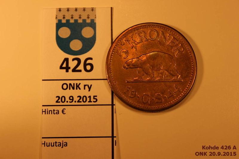 k-0426-a.jpg - Kohde 426, lhthinta: 40 € / myyntihinta: 52 € Grnlanti 5 kr 1944 KM#9 Br, prvja. Danish colony, puhd, kunto: 6