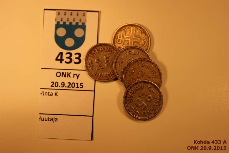 k-0433-a.jpg - Kohde 433, lhthinta: 15 € / myyntihinta: 29 € Islanti 25 aurar (5) 1922-37 KM#2.1 CuNi, kaikki v:t, kunto: 4-6