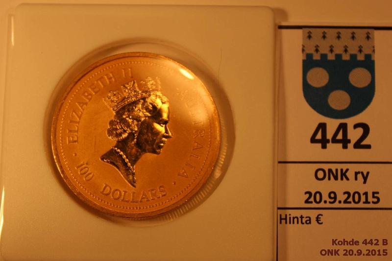 k-0442-b.jpg - Kohde 442 (kuva 2/2), lhthinta: 970 € / myyntihinta: 970 € Australia 100 $ 1994 KM#245 Au, proof, 1 unssi (1 oz), kunto: 9