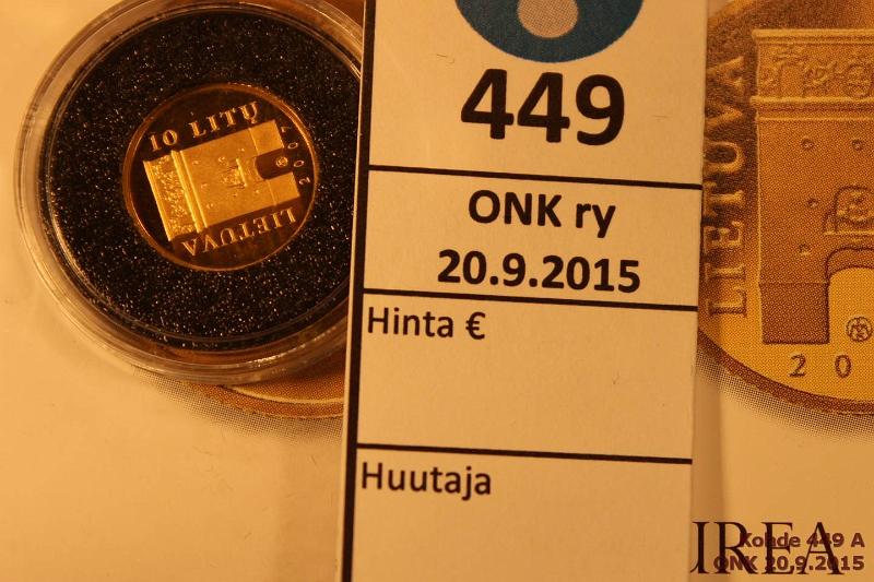 k-0449-a.jpg - Kohde 449, lhthinta: 65 € / myyntihinta: 72 € Liettua 10 litu 2007 KM#160 Au, 1,24g/999, Proof. Golden Section / Ausros Vartai -gate. Kapseli, tod., kunto: 10