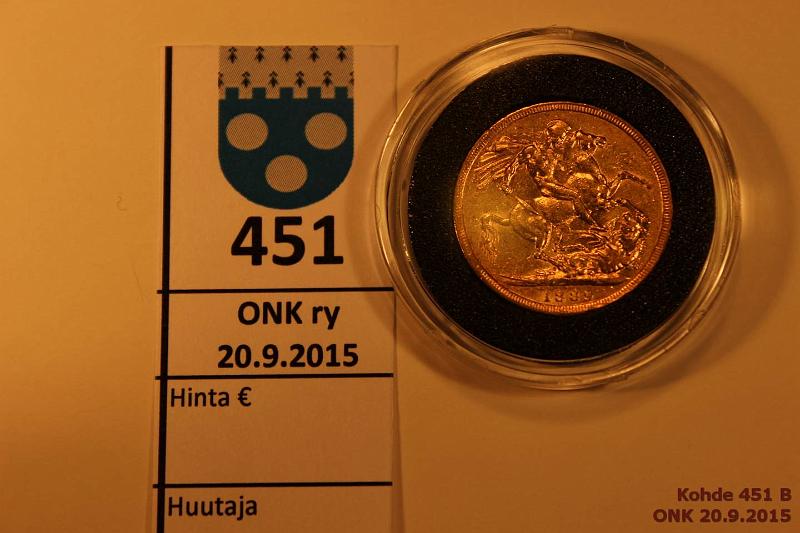 k-0451-b.jpg - Kohde 451 (kuva 2/2), lhthinta: 200 € / myyntihinta: 235 € UK 1 sovereign 1889 KM#767 Au, 7,9881g/917, hnja, kunto: 5/6