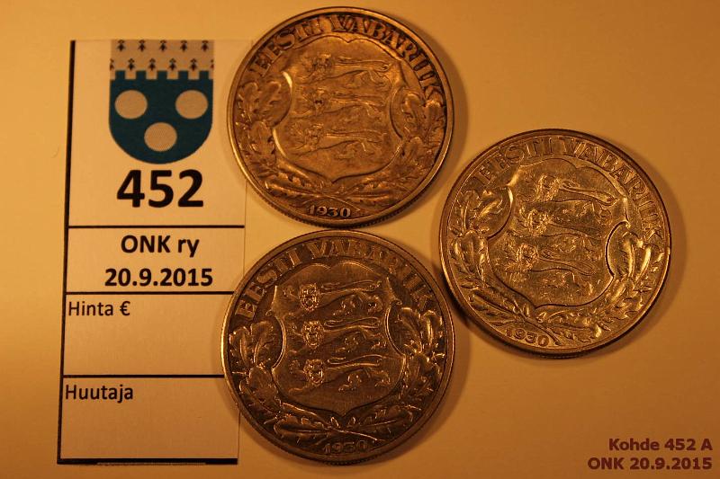 k-0452-a.jpg - Kohde 452, lhthinta: 25 € / myyntihinta: 25 € Eesti 2 krooni (3) 1930 KM#20 Ag, 3 x 12g/500. Fortress of Toompea, kunto: 6-8