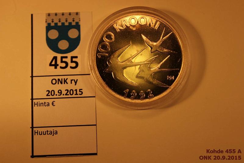 k-0455-a.jpg - Kohde 455, lhthinta: 10 € / myyntihinta: 10 € Eesti 100 krooni 1992 KM#27 Ag, 24g/925, Proof. Kapselissa nja, kunto: 9