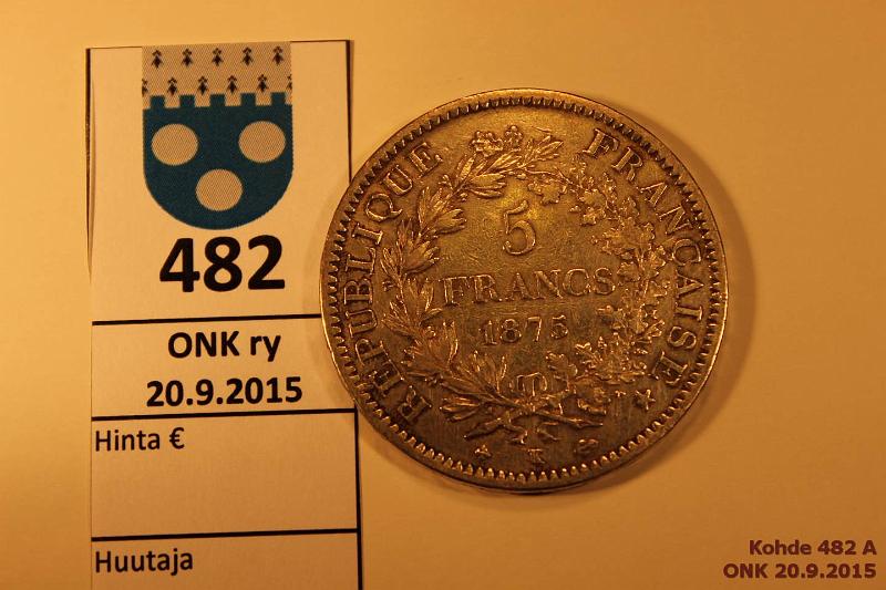 k-0482-a.jpg - Kohde 482, lhthinta: 20 € Ranska 5 franc 1875K KM#820.2 Ag, 25g/900 Bordeaux, kunto: 5