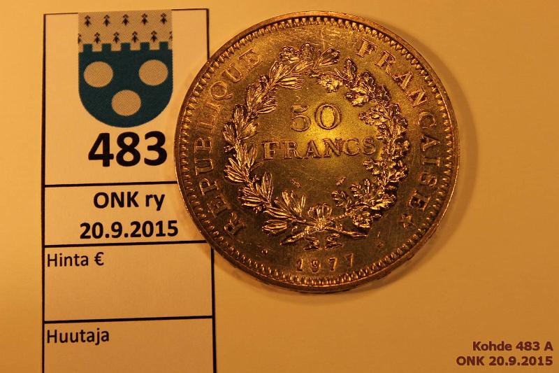 k-0483-a.jpg - Kohde 483, lhthinta: 12 € / myyntihinta: 12 € Ranska 5 franc 1977 KM#941.1 Ag, 30g/900, kunto: 8