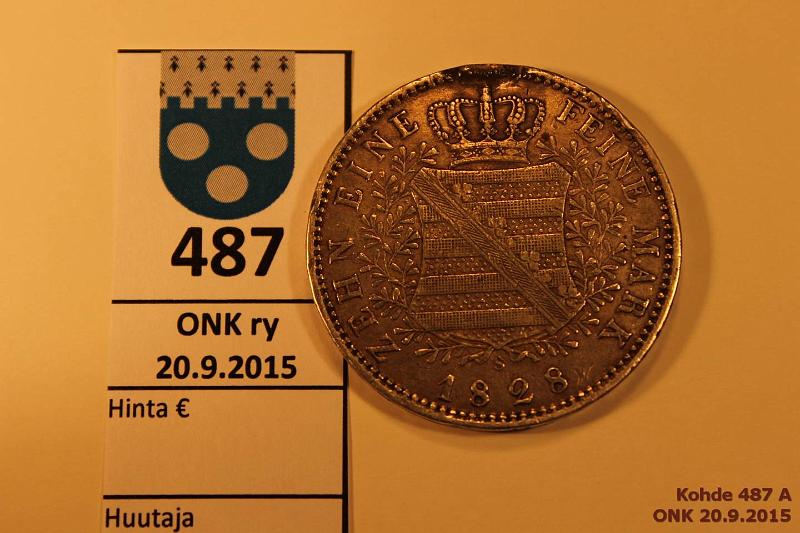 k-0487-a.jpg - Kohde 487, lhthinta: 150 € Saksa 5 mark 1828S KM#1116 Ag, 28,063g/833, Dresden - Saxony. Ollut kiinnitettyn koruksi, korjattu, kunto: 5