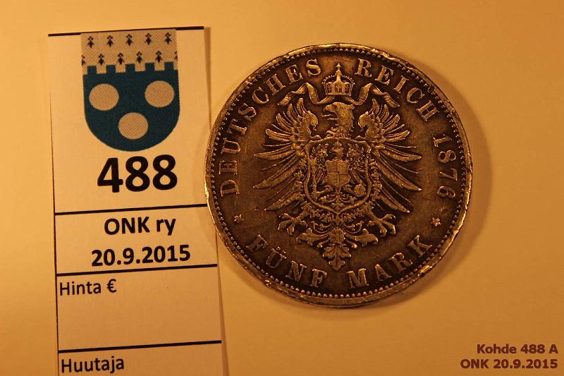 k-0488-a.jpg - Kohde 488, lhthinta: 45 € Saksa 5 mark 1876C KM#503 Ag, 27,777g/900, Wilhelm V, Preussi. Rvja, kunto: 5