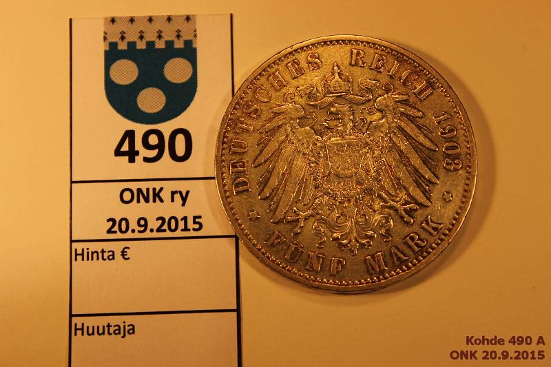 k-0490-a.jpg - Kohde 490, lhthinta: 15 € / myyntihinta: 15 € Saksa 5 mark 1903A KM#523 Ag, 27,777g/900, Wilhelm II, Preussi-Obergreiz, kunto: 5