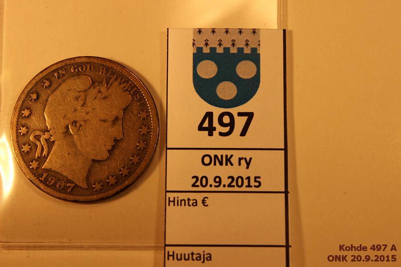 k-0497-a.jpg - Kohde 497, lhthinta: 20 € USA $ 1907 KM#116 Ag, 12,5g/900 Barber Half Dollar., kunto: 4/3