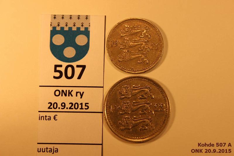 k-0507-a.jpg - Kohde 507, lhthinta: 10 € / myyntihinta: 10 € Eesti 3 ja 5 marka 1922 KM#2, 3 CuNi, 3mk prvja; 5mk, kunto: 5