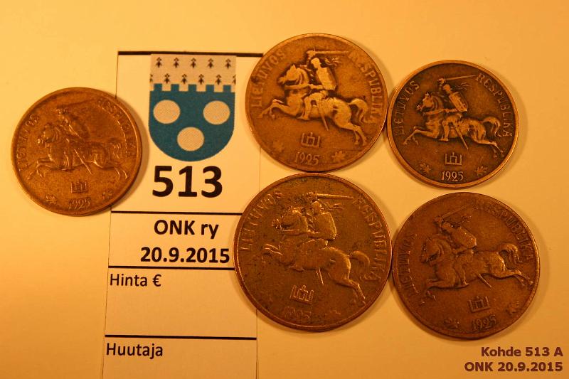 k-0513-a.jpg - Kohde 513, lhthinta: 10 € / myyntihinta: 10 € Liettua 10-50 centu (5) 1925 KM#73-75 AlBr, 10c(2), 20c(2), 50c, kunto: 3-4