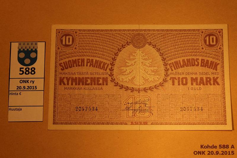 k-0588-a.jpg - Kohde 588, lhthinta: 50 € / myyntihinta: 57 € 10 mk 1918 SNY 142.1 2057534 BRG-His, harv. ak-pari (v), kunto: 7