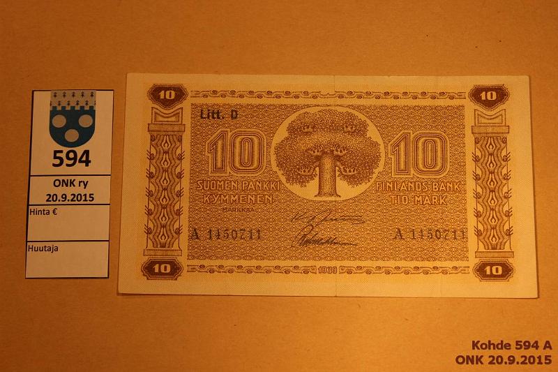 k-0594-a.jpg - Kohde 594, lhthinta: 20 € / myyntihinta: 30 € 10 mk 1939 LD SNY 144.1 A1450711 JUT-Wah, kulmakuvio I, vl I, kunto: 5