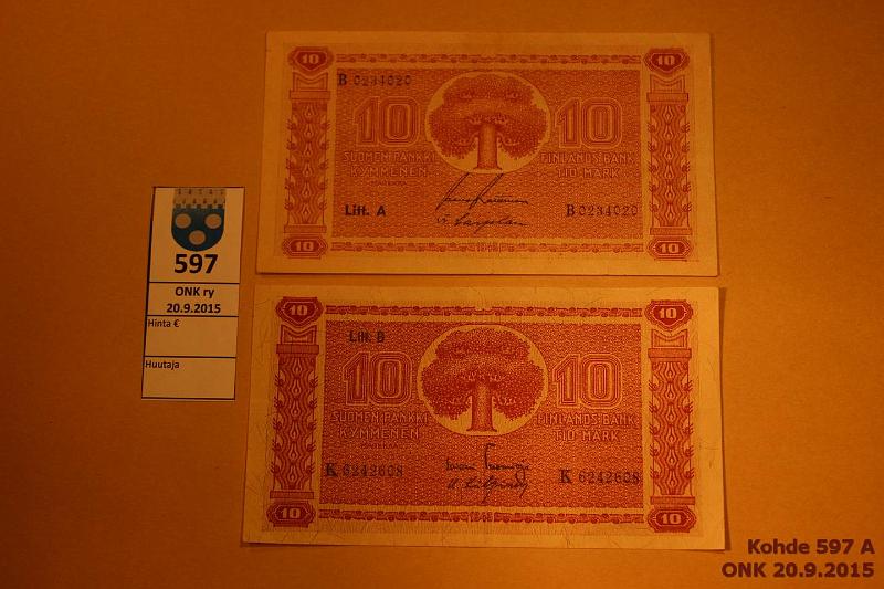 k-0597-a.jpg - Kohde 597, lhthinta: 4 € / myyntihinta: 4 € 10 mk 1945 LA, LB SNY 145.1, 145.2 LA B023..RAI-Car tahra; LB K624..TUO-Kil, harv. ak-pari (v), mol. 2mm rep., kunto: 4