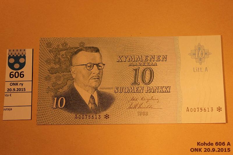 k-0606-a.jpg - Kohde 606, lhthinta: 120 € / myyntihinta: 160 € 10 mk 1963 LA A* SNY 146.7 A0075613* KA I-Luu, harvinainen korvaava, kunto: 9