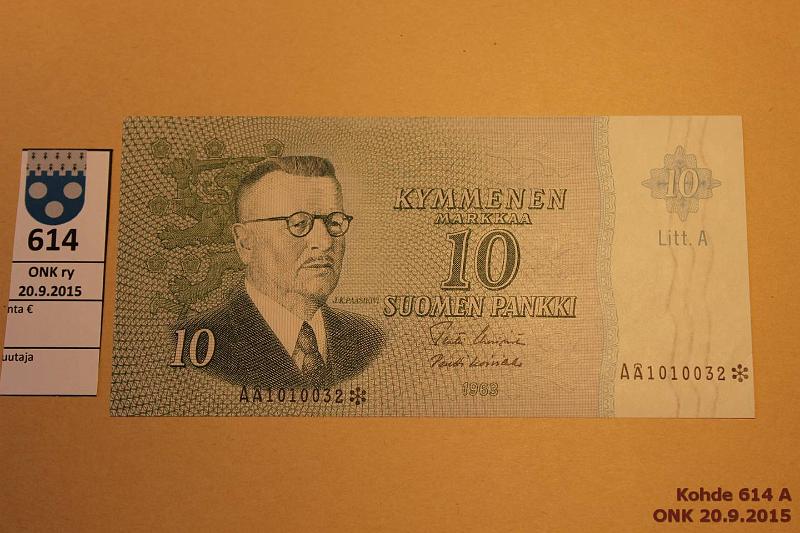 k-0614-a.jpg - Kohde 614, lhthinta: 10 € 10 mk 1963 LA A* SNY 146.7 A1010032* UUS-Ko1, korvaava, kunto: 8