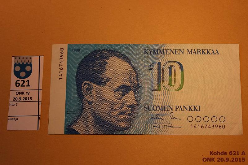 k-0621-a.jpg - Kohde 621, lhthinta: 10 € / myyntihinta: 16 € 10 mk 1986 SNY 148.1 1416743960 SOR-M2, iso sarjanumero, joitakin tunnetaan, kunto: 5