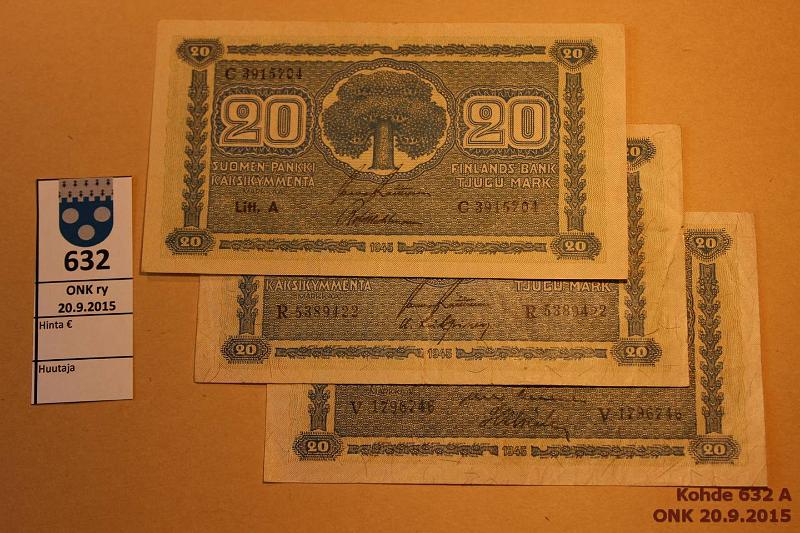 k-0632-a.jpg - Kohde 632, lhthinta: 5 € / myyntihinta: 7 € 20 mk 1945 LA, LB (3) SNY 160.1, 160.2 LA C391..RAI-Wah; LB R538 RAI-Kil, V179..KEK-Als, kunto: 3-4