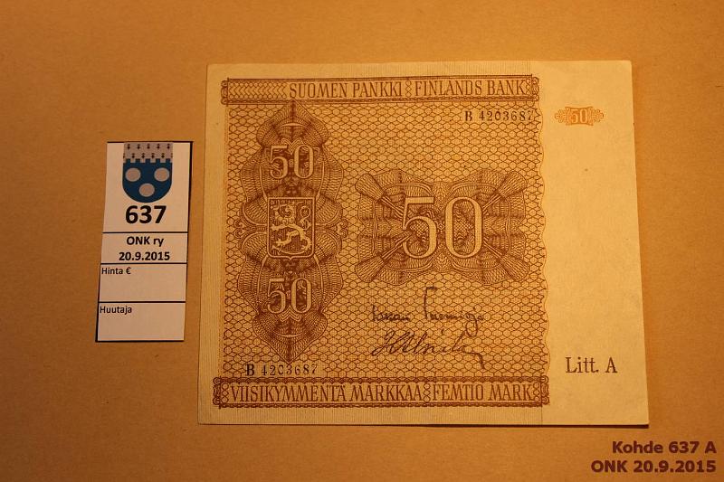 k-0637-a.jpg - Kohde 637, lhthinta: 20 € / myyntihinta: 23 € 50 mk 1945 LA SNY 169.2 B4203687 TUO-Als, painovritahroja, laatta II, kunto: 5