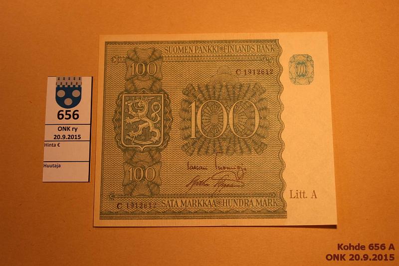 k-0656-a.jpg - Kohde 656, lhthinta: 55 € / myyntihinta: 62 € 100 mk 1945 LA SNY 180.1 C1912612 TUO-AAs, kevyt kulmataite, kunto: 8