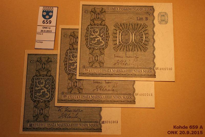 k-0659-a.jpg - Kohde 659, lhthinta: 38 € / myyntihinta: 42 € 100 mk 1945 LB (3) SNY 180.2 AH..KIV-Als, AN.. x 2 TUO-Als, kunto: 6-7