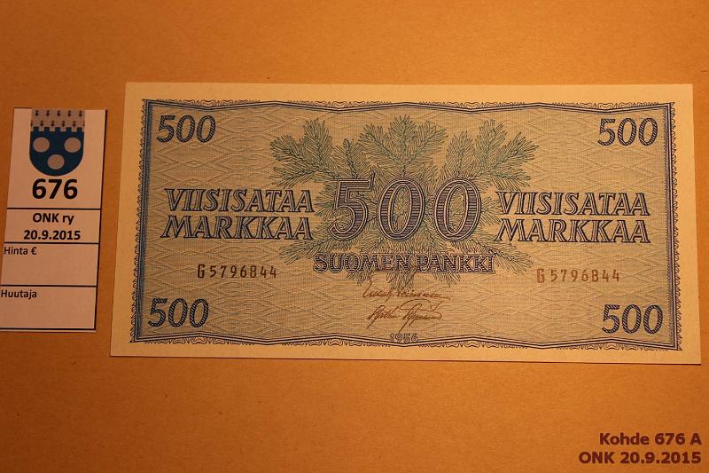 k-0676-a.jpg - Kohde 676, lhthinta: 50 € / myyntihinta: 50 € 500 mk 1956 SNY 192.1 G5796844 LEI-AAs, 3 loivaa pystytaitosta, kunto: 8