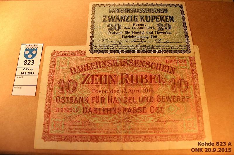 k-0823-a.jpg - Kohde 823, lhthinta: 12 € Saksa (2) 1916 25 Kopeken; 10 Rubel, taiterep. Darlehnskassenchein. Ostbank fr Handel und Gewerbe. Darlehnskasse Ost, kunto: 4, 3