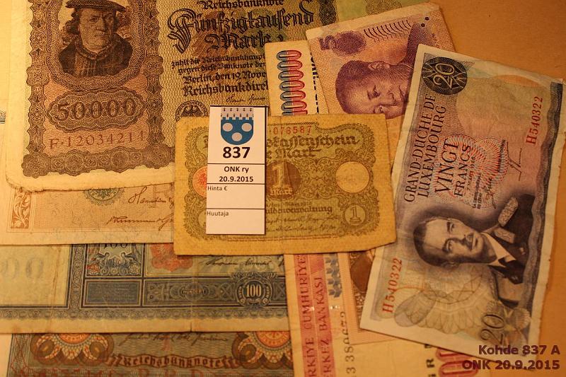 k-0837-a.jpg - Kohde 837, lhthinta: 5 € / myyntihinta: 12 € Eri maita (9) 1910-2005 Saksa 1mk 1920, 100mk-10, 20, 1000mk-10, 5000mk-22; Turkki 1 milj. t.l-70; Luxemburg 20f-66; Kiina 1y-80(kl9), 5y 2005. Vikoja, kunto: 3-5