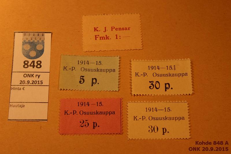 k-0848-a.jpg - Kohde 848, lhthinta: 5 € / myyntihinta: 8 € 5 p - 1 mk (5) 1914-15 K.-P. Osuuskauppa 5, 25, 30p (2 eril.). Ei Pasasen kirjassa. Lisksi K.J. Pensar Fmk 1:- (Nykarleby), kunto: 7