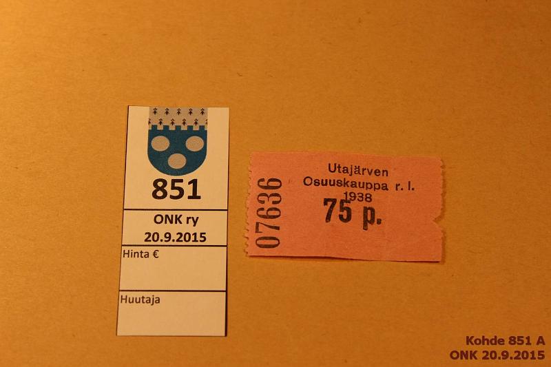 k-0851-a.jpg - Kohde 851, lhthinta: 10 € 75 p 1938 Utajrven Osuuskauppa r.l. n:o 07636, reunapuutos, kunto: 5