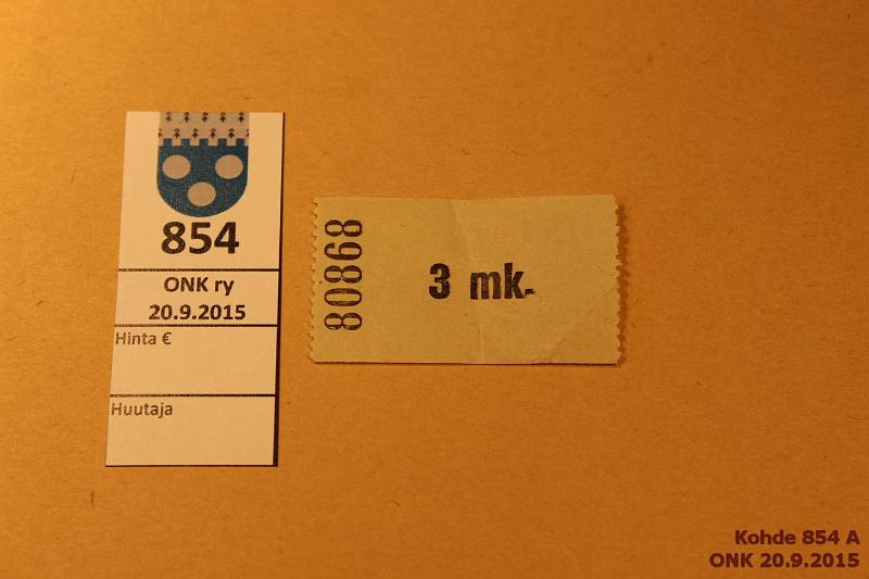 k-0854-a.jpg - Kohde 854, lhthinta: 10 € 3 mk Ilman vuosilukua ja kauppahuoneen merkint Utajrven Osuuskauppa r.l. n:o 80868, kunto: 5