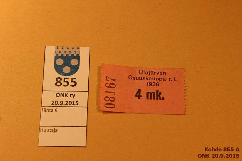 k-0855-a.jpg - Kohde 855, lhthinta: 10 € 4 mk 1936 Utajrven Osuuskauppa r.l. n:o 08167, takana likaa, kunto: 5