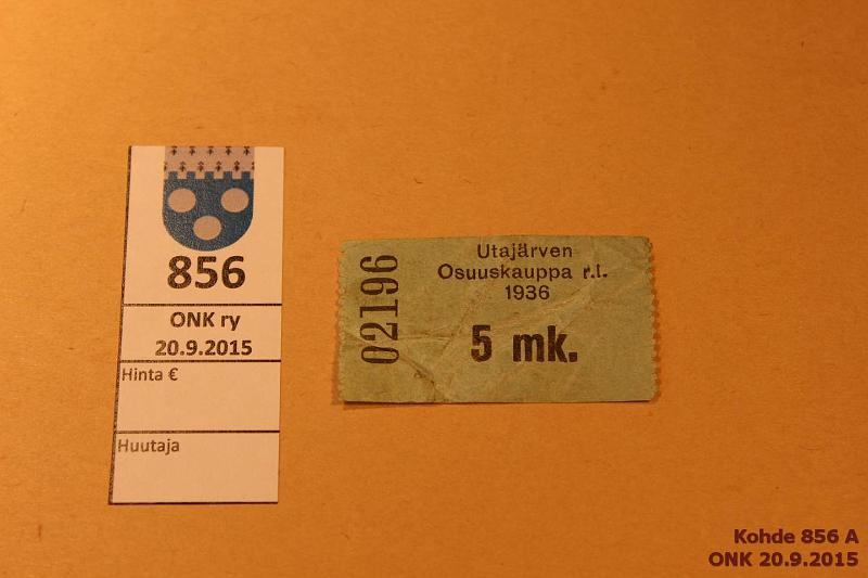 k-0856-a.jpg - Kohde 856, lhthinta: 10 € 5 mk 1936 Utajrven Osuuskauppa r.l. n:o 02196, pieni kulmapuutos, kunto: 4