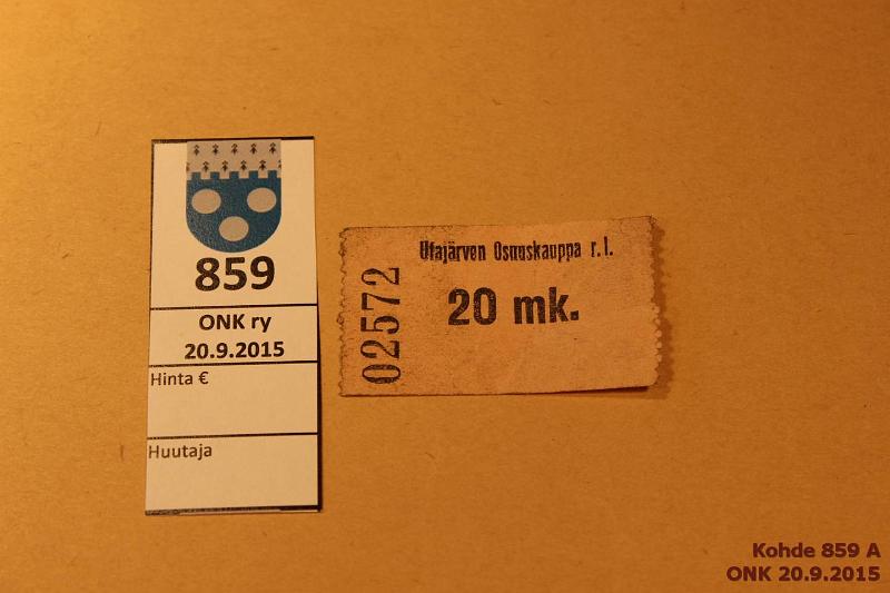 k-0859-a.jpg - Kohde 859, lhthinta: 10 € 20 mk Ilman vuosilukua Utajrven Osuuskauppa r.l. n:o 02572, likaa, prep, epkulmapuutos, kunto: 4