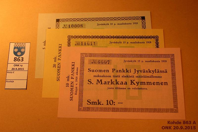 k-0863-a.jpg - Kohde 863, lhthinta: 8 € / myyntihinta: 36 € SP sekit (3) 1918 Suomen Pankki Jyvskylss. Smk 5:-, 10:- ja 20:-. Virheettmi, kunto: 9