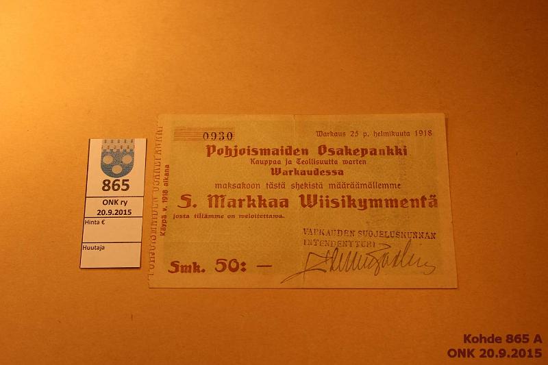 k-0865-a.jpg - Kohde 865, lhthinta: 5 € / myyntihinta: 26 € PO sekki 1918 Pohjoismaiden Osake Pankki Warkaudessa, 50 Smk. Allek. Varkauden Suojeluskunnan intendentti. Prep, kunto: 4