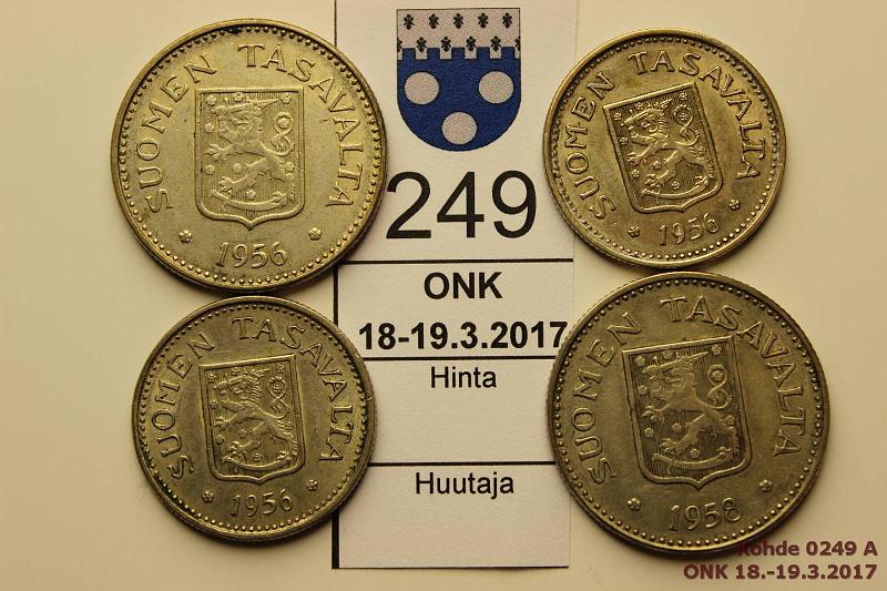 k-0249-a.jpg - Kohde 249, lhthinta: 10 € / myyntihinta: 11 € 100 - 200 mk 1956-58 (4) Ag, 100mk 1956(2); 200mk 1956, -58h, kunto: 6-7